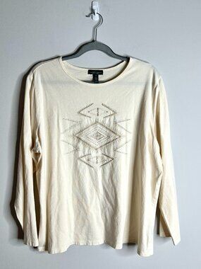 Lauren Ralph Lauren Aztec Beaded Native Southwestern Ivory Tee Long Sleeve 2X